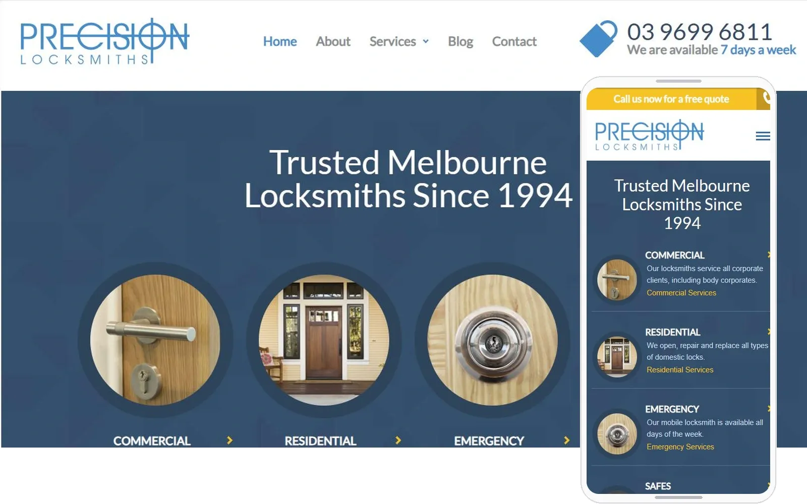 Precision Locksmiths website on desktop and mobile