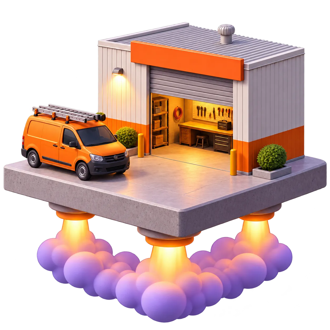 A trades workshop and orange van lifting off on rocket thrusters